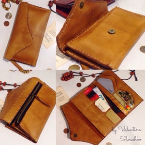Cartera de mujer de cuero, puntada de coser a mano, bolso, porte-monnaie, embrague. Beige rojo