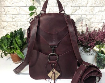 Mochila convertible cosida a mano de cuero, bolso de mano/mochila urbana, bolso de hombro para mujer