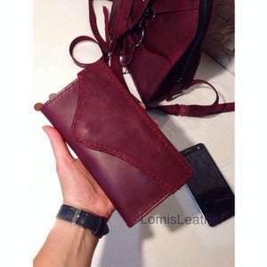 Cartera de cuero cosida a mano, bolso, mujer porte-monnaie, embrague.