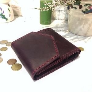 Cartera de mujer de cuero, puntada de coser a mano, bolso, porte-monnaie, embrague. Beige rojo