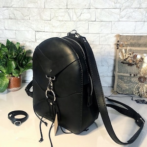Hand-stitched Leather Backpack Purse / black boho small woman city rucksack