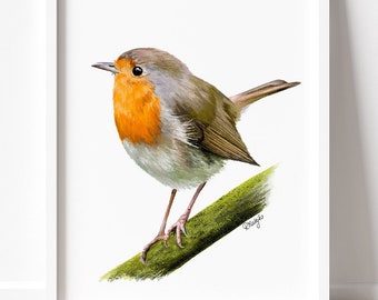 Robin Wall Art Print, Robin Redbreast Bird Digital Painting, Garden Bird Sketch, Wildlife Poster, Christmas Wall Decor INSTANT DOWNLOAD