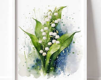 Lily of the Valley Art PRINT, Flower Watercolor Painting Wall Art, May White Flowers Modern Decor