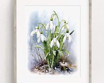 May include: A watercolor painting of a bouquet of white snowdrop flowers with green stems and leaves. The flowers are blooming in a snowy landscape with a light blue background.