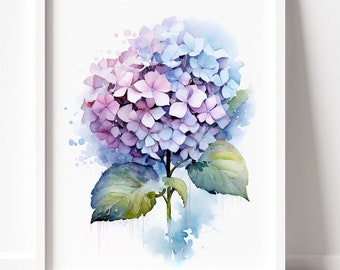 Hydrangea Art PRINT, Flower Watercolor Painting Wall Art, Pink and Blue Flowers Modern Decor