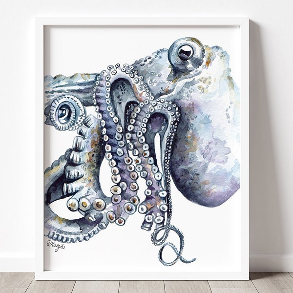 PRINTABLE Octopus Art, Watercolor Octopus Art Print, Beach House, Bathroom Decor, Octopus Painting, Marine Life Poster Instant Download #309