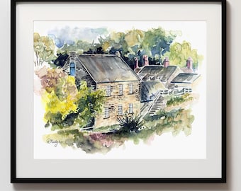 May include: Watercolor painting of a stone building with a blue window and a red roof. The building is surrounded by green trees and bushes. The painting is signed "R.Mayers" in the bottom left corner.