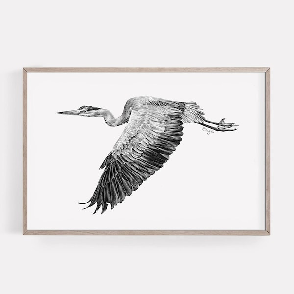 PRINTABLE Heron Art Print, Great Blue Heron Pencil Drawing, Wading Bird Sketch Wall Art Nature Wildlife Poster INSTANT DOWNLOAD