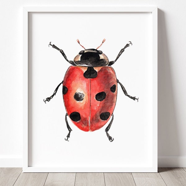 PRINTABLE Ladybug Art - Watercolor Ladybird Beetle Art, Woodland Red Beetle Painting, Forest Bedroom, Insect, Ladybird, Instant Download