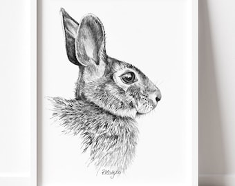 PRINTABLE Bunny Art Print, Cute Rabbit Pencil Wall Art, Baby Bunny Sketch, Woodland Decor, Wildlife Poster INSTANT DOWNLOAD