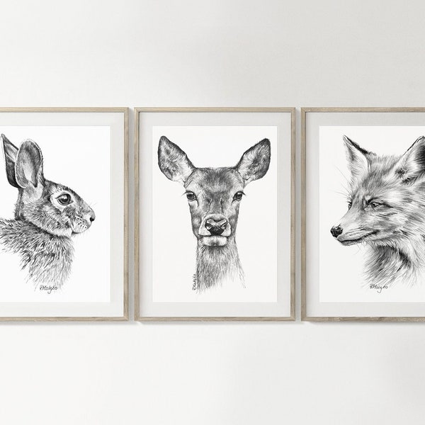 PRINTABLE Rabbit Deer Fox Wall Art Print Set of 3, Pencil Drawing, Autumn Fall Wall Art, Woodland Animal Sketch Poster Instant Download