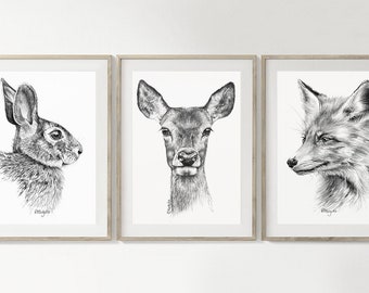 IMPRIMABLE Rabbit Deer Fox Wall Art Print Set de 3, Dessin au crayon, Automne Automne Art mural, Woodland Animal Sketch Poster Téléchargement instantané