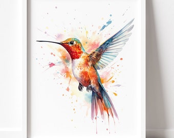 Hummingbird Art PRINT, Hummingbird Watercolor Painting Wall Art, Colourful Bird Watercolour Modern Decor