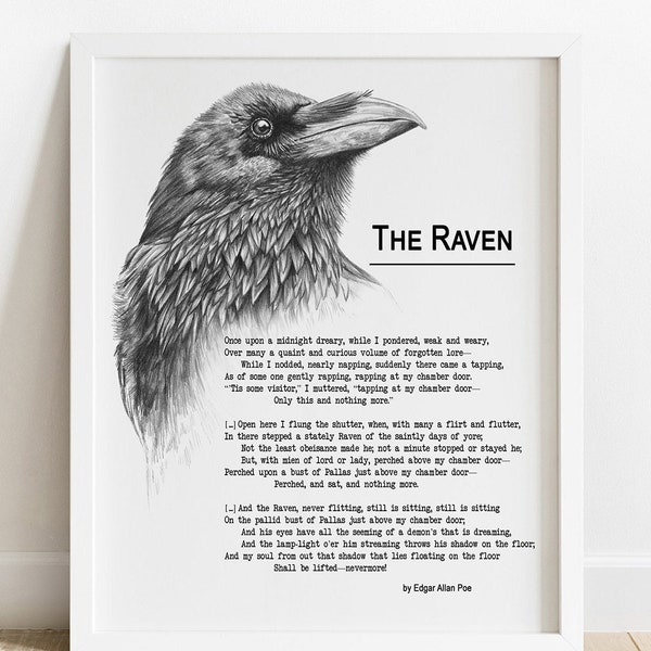 PRINTABLE The Raven Poem by Edgar Allan Poe, Raven Wall Art, Nevermore Poem Print, Poetry Home Library Decor INSTANT DOWNLOAD