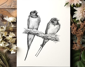 ORIGINAL Barn Swallows Pencil Drawing, British Garden Bird Wall Art, Bird Watching Gift, Wildlife Sketch Unframed