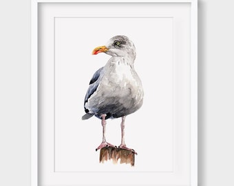Seagull Art PRINT, Sea Bird Wall Art, Beach House Decor, Print from Original Watercolour Painting Unframed