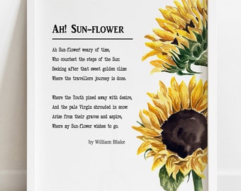 AFDRUKBAAR Ah! Zonnebloem gedicht door William Blake, Poëzie Wall Art, Gele kwekerij Decor, Aquarel Bloem Print INSTANT DOWNLOAD
