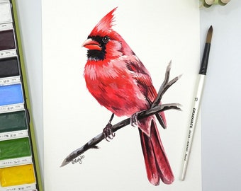 ORIGINAL Cardinal Bird Watercolor Painting, Northern Cardinal Bird Wall Art, Garden Bird Decor, Unique Gift, Original Artwork Unframed