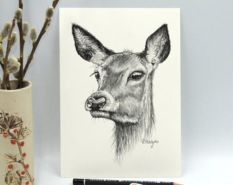 ORIGINAL Deer Pencil Drawing, Cute Deer Wall Art, Woodland Nature Farmhouse Decor, Original Pencil Sketch Artwork Unframed