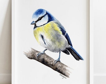 AFDRUKBARE Pimpelmees Aquarel Kunst, Pimpelmees Schilderij, Britse Vogel Decor, Winter Bird Wildlife Poster INSTANT DOWNLOAD