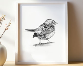 Sparrow Art PRINT, Sparrow Drawing Wall Art, Nature Decor, Garden Bird Unique Gift, Print from Original Pencil Sketch Unframed