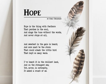 POÈME PRINTABLE Hope par Emily Dickinson, art mural inspirant, Hope Is The Thing With Feathers Poem Print TÉLÉCHARGEMENT INSTANTANÉ