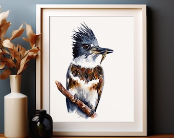 Belted Kingfisher Art PRINT, Water Bird Watercolor Painting Wall Art, American Wildlife, Print from Original Watercolour Painting Unframed