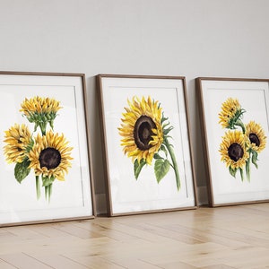 Sunflowers Wall Art PRINT Set of 3, Sunflower Watercolor Painting, Summer Meadow Garden Flowers Botanical Wall Art, Print from Original Art