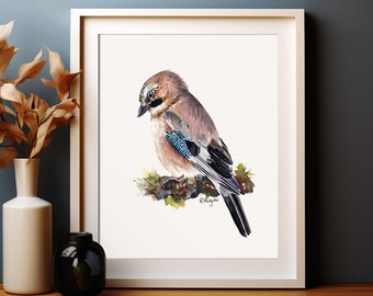 Jay Art PRINT, Eurasian Jay Bird Watercolour Painting Wall Art, British Woodland Decor, Print from Original Watercolor Painting Unframed