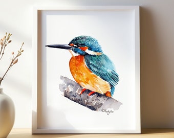 Kingfisher Wall Art PRINT, Water Bird, Bird Watching Gift, British Wildlife Art Print from Original Watercolour Painting