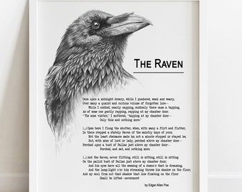 The Raven Poem PRINT, Edgar Allan Poe Nevermore Poem Print, Raven Wall Art, Poetry Home Library Decor