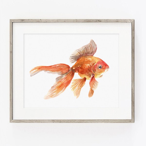 PRINTABLE Goldfish Watercolor Art, Gold Fish Painting, Aquarium Fish Decor, Freshwater Fish Wildlife Poster INSTANT DOWNLOAD