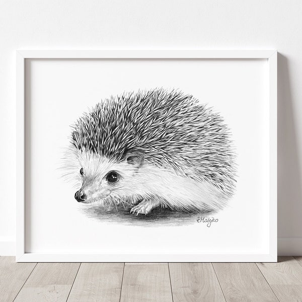 PRINTABLE Hedgehog Art Print, Hedgehog Pencil Drawing Wall Art, Forest Animal Sketch, Woodland Wildlife Poster INSTANT DOWNLOAD