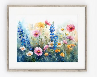 Wildflowers Art PRINT, Flower Meadow Watercolor Painting Wall Art, Spring Summer Flowers Modern Decor