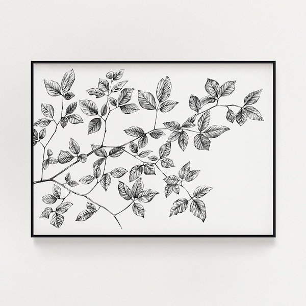 PRINTABLE Leaves Art Print, Pencil Sketch, Fall Leaf Drawing Wall Art, Minimalist Contemporary Modern Nature Poster INSTANT DOWNLOAD