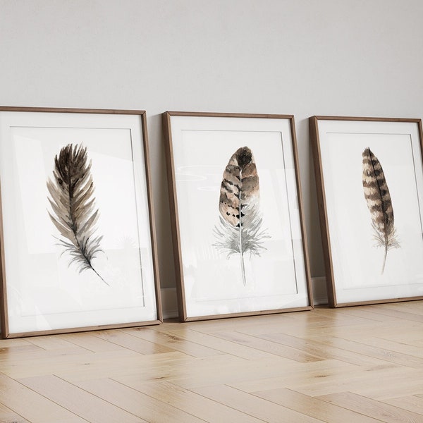 Feathers PRINT Set of 3, Rustic Wall Art, Feather Painting Bird Watcher Gift Print from Original Watercolour Painting Unframed