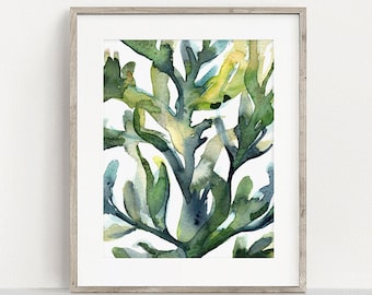 Seaweed Art PRINT, Watercolour Green Wall Art, Marine Bathroom Print from Original Painting