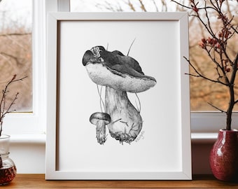 Mushroom Art PRINT, Autumnal Woodland Botanical Drawing, Modern Minimalist Print from Original Pencil Illustration