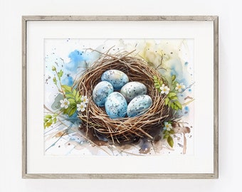 Bird Nest Art PRINT, Nest with Eggs Watercolour Painting Wall Art, Spring Summer Modern Decor
