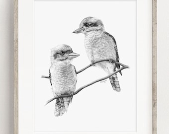 PRINTABLE Kookaburra Art Print, Kookaburras Pencil Drawing Wall Art, Printable Australian Bird Sketch, Wildlife Poster INSTANT DOWNLOAD