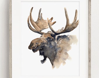 PRINTABLE Moose Art, Watercolor Elk Painting, Woodland Animal Art, Rustic Cabin Wall Art Decor, Nature Wildlife Print INSTANT DOWNLOAD