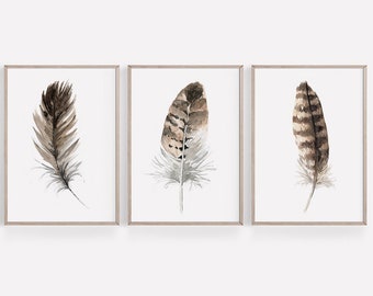 PRINTABLE Feather Art Set Of 3 - Watercolour Feather Paintings, Neutral Farmcore Rustic Feather Decor, Feather Bedroom Art, INSTANT DOWNLOAD