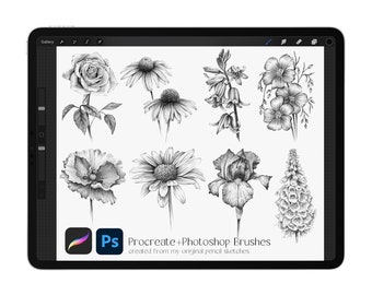 Flower Stamp Brushes for Procreate and Photoshop, Hand Drawn Botanical Stamps, Floral Spring Garden Sketch Stamps - INSTANT DOWNLOAD