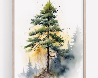 Pine Tree Art PRINT, Tree Watercolor Painting Wall Art, Green Tree Watercolour Art Modern Decor