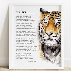 PRINTABLE Tiger Poem by William Blake, Poetry Wall Art, Tyger Tyger Burning Bright, Nursery Decor, Jungle Animal Print INSTANT DOWNLOAD