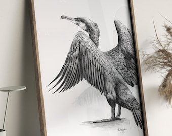 Cormorant Wall Art PRINT, Cormorant Pencil Drawing, Water Bird Sketch Wall Art Nature Lake Print from Original Pencil Sketch Unframed