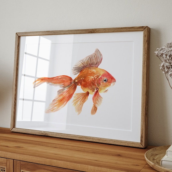 Goldfish Art PRINT, Watercolour Gold Fish Painting, Aquarium Fish Decor, Freshwater Fish Print from Original Pencil Sketch Unframed