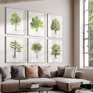 Tree Art PRINT Set of 6, Watercolor Green Summer Tree Wall Art, Birch Willow Chestnut Pine Cork Oak Prints from Original Paintings