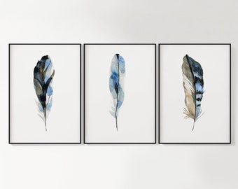 PRINTABLE Feather Art Set Of 3 - Watercolor Blue Jay Feather Painting, Colorful Feather Decor, Feather Bedroom Art, Instant Download