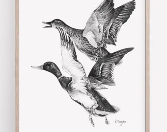 PRINTABLE Flying Ducks Art Print, Mallard Duck Pencil Drawing, Coastal Birds Sketch, Lake House Decor INSTANT DOWNLOAD